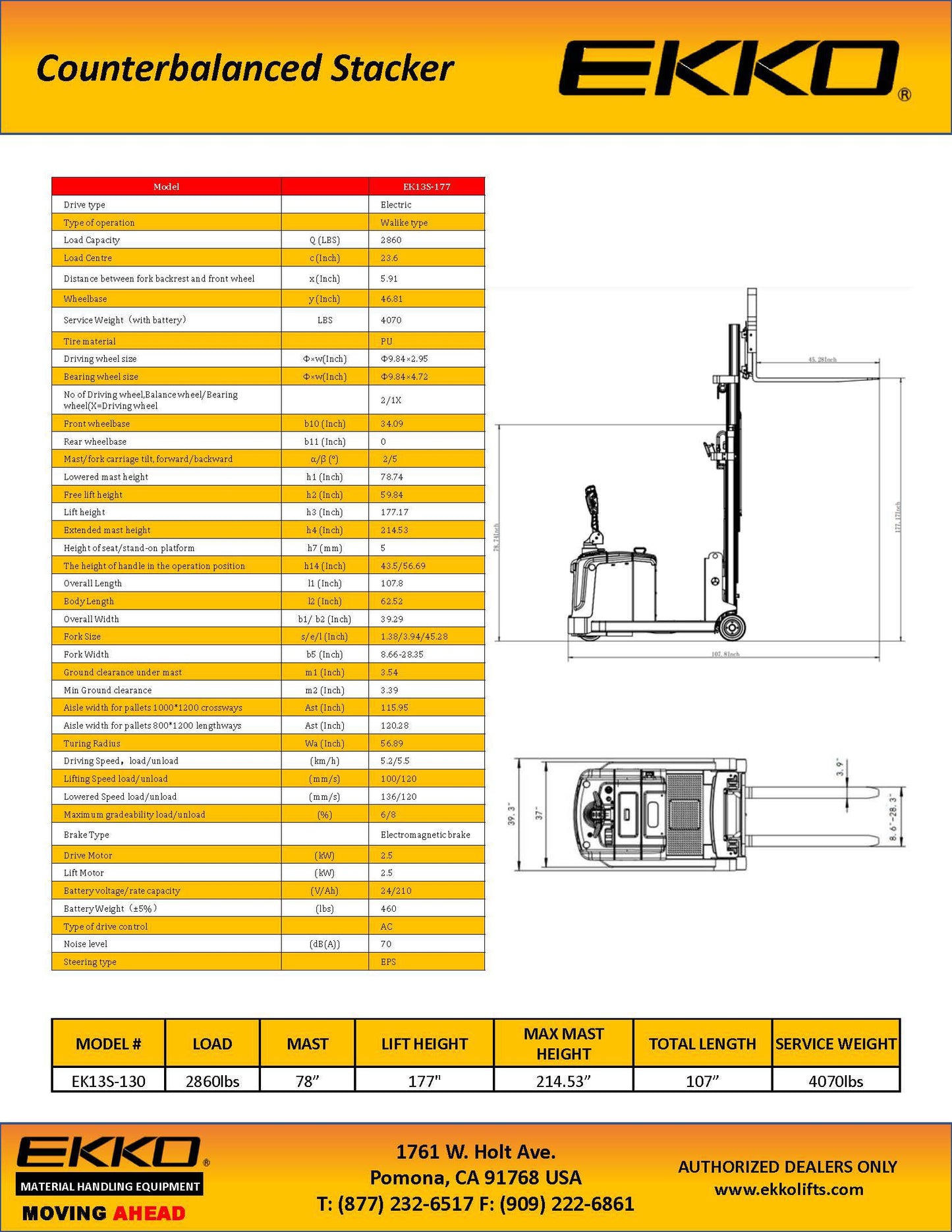 EKKO EK13S-177 Counterbalanced Walkie Stacker SIDE-SHIFTING - 2860 lbs Capacity - Ekko Lifts