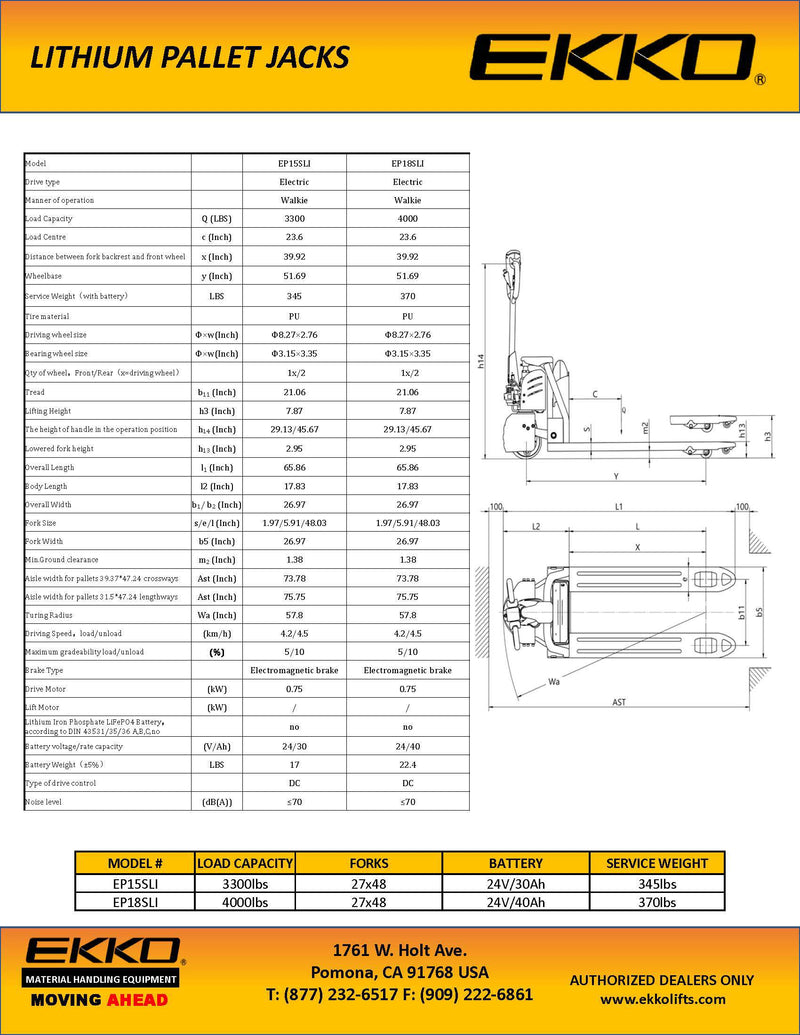 Lithium-Ion Pallet Jack 3300-4000 lbs Capacity - Ekko Lifts