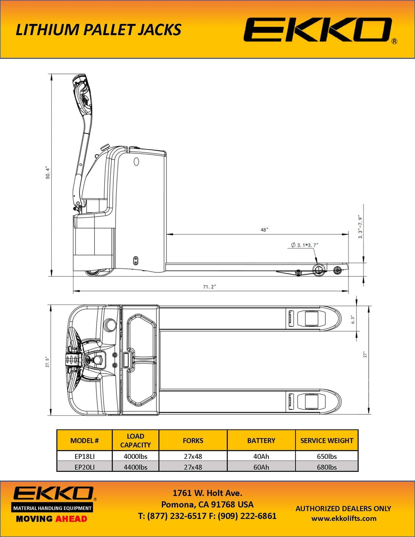 Lithium Ion Phosphate Powered Pallet Jack - 4400 lbs Capacity - Ekko Lifts