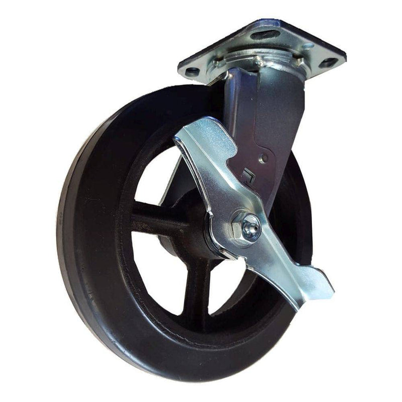 8" x 2" Mold-On Rubber on Cast Swivel Caster, Brake 600 lbs. Cap - Durable Superior Casters